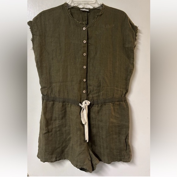 Intimately Free Women XSmall Linen Olive Green Romper Side Seam Pockets Frayed - Picture 2 of 4